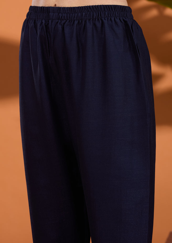 Navy Blue Soft Raw Silk Gold Zariwork Straight Kurta With Pant Regular And Dupatta