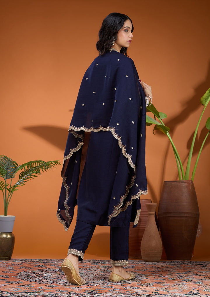 Navy Blue Soft Raw Silk Gold Zariwork Straight Kurta With Pant Regular And Dupatta