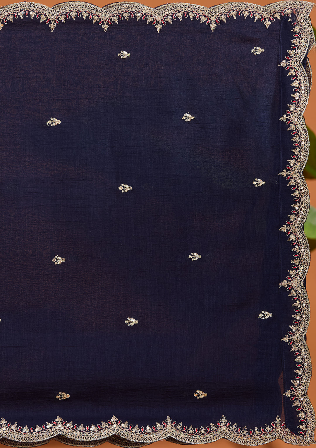Navy Blue Soft Raw Silk Gold Zariwork Straight Kurta With Pant Regular And Dupatta