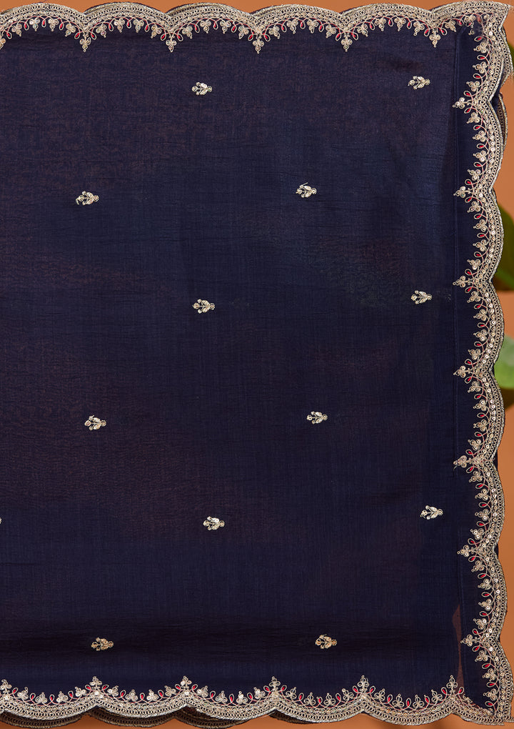 Navy Blue Soft Raw Silk Gold Zariwork Straight Kurta With Pant Regular And Dupatta
