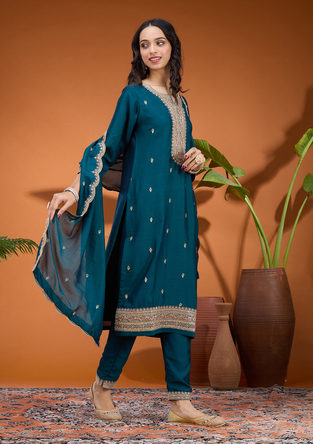 Teal Green Soft Raw Silk Gold Zariwork Straight Kurta With Pant Regular And Dupatta