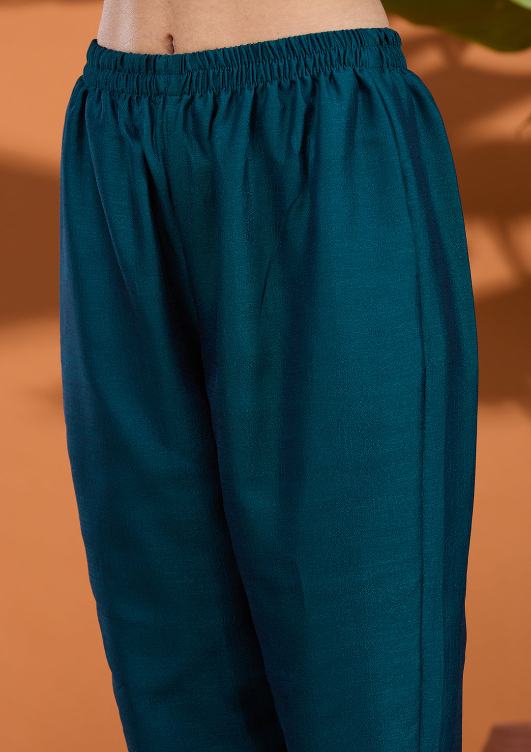 Teal Green Soft Raw Silk Gold Zariwork Straight Kurta With Pant Regular And Dupatta