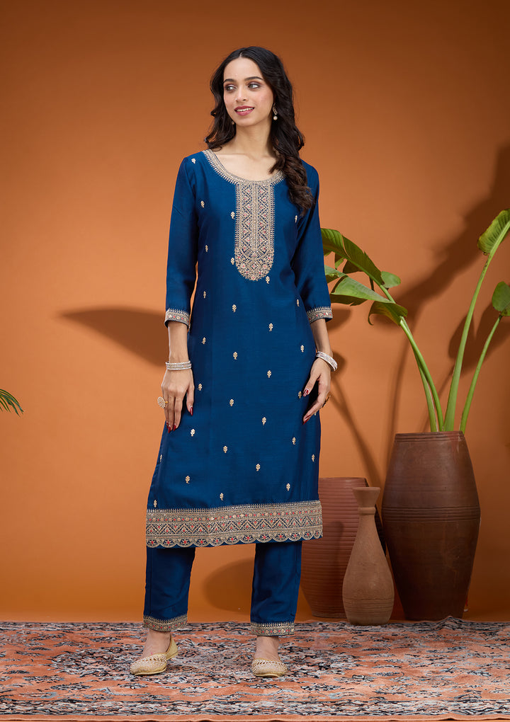 Peacock Blue Soft Raw Silk Gold Zariwork Straight Kurta With Pant Regular And Dupatta