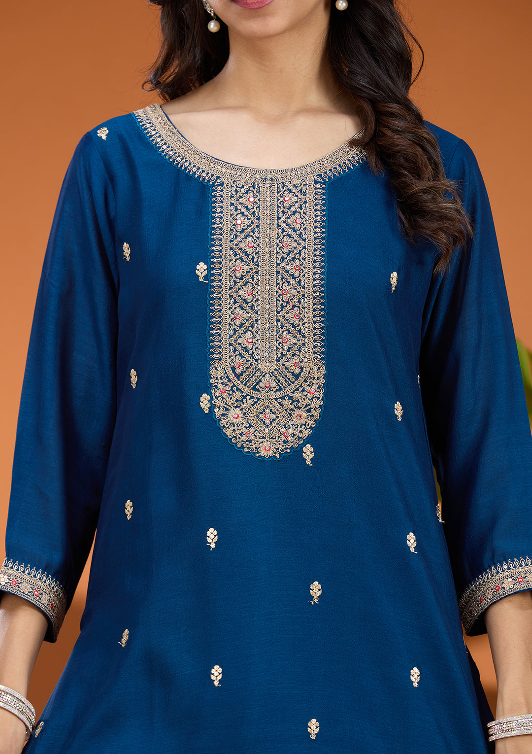 Peacock Blue Soft Raw Silk Gold Zariwork Straight Kurta With Pant Regular And Dupatta