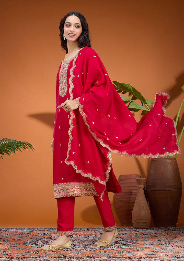 Rani Pink Soft Raw Silk Gold Zariwork Straight Kurta With Pant Regular And Dupatta