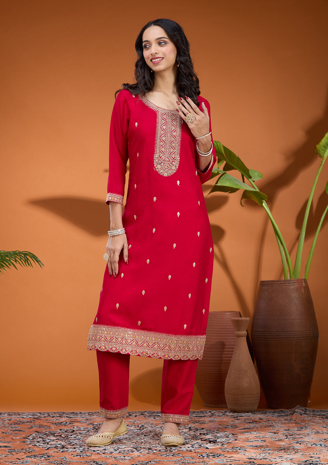 Rani Pink Soft Raw Silk Gold Zariwork Straight Kurta With Pant Regular And Dupatta