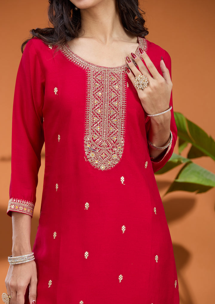 Rani Pink Soft Raw Silk Gold Zariwork Straight Kurta With Pant Regular And Dupatta