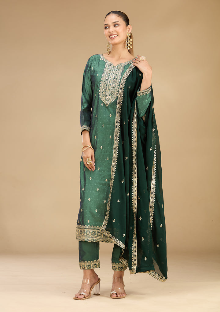 Leaf Green Soft Raw Silk Gold Zariwork Straight Kurta With Pant Regular And Dupatta