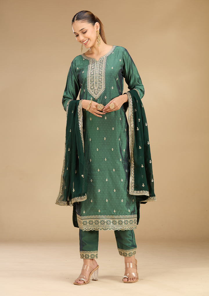 Leaf Green Soft Raw Silk Gold Zariwork Straight Kurta With Pant Regular And Dupatta