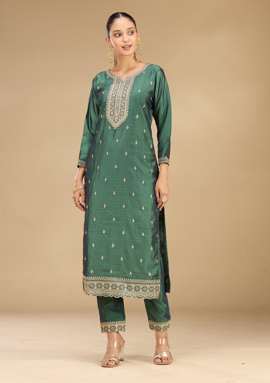 Leaf Green Soft Raw Silk Gold Zariwork Straight Kurta With Pant Regular And Dupatta