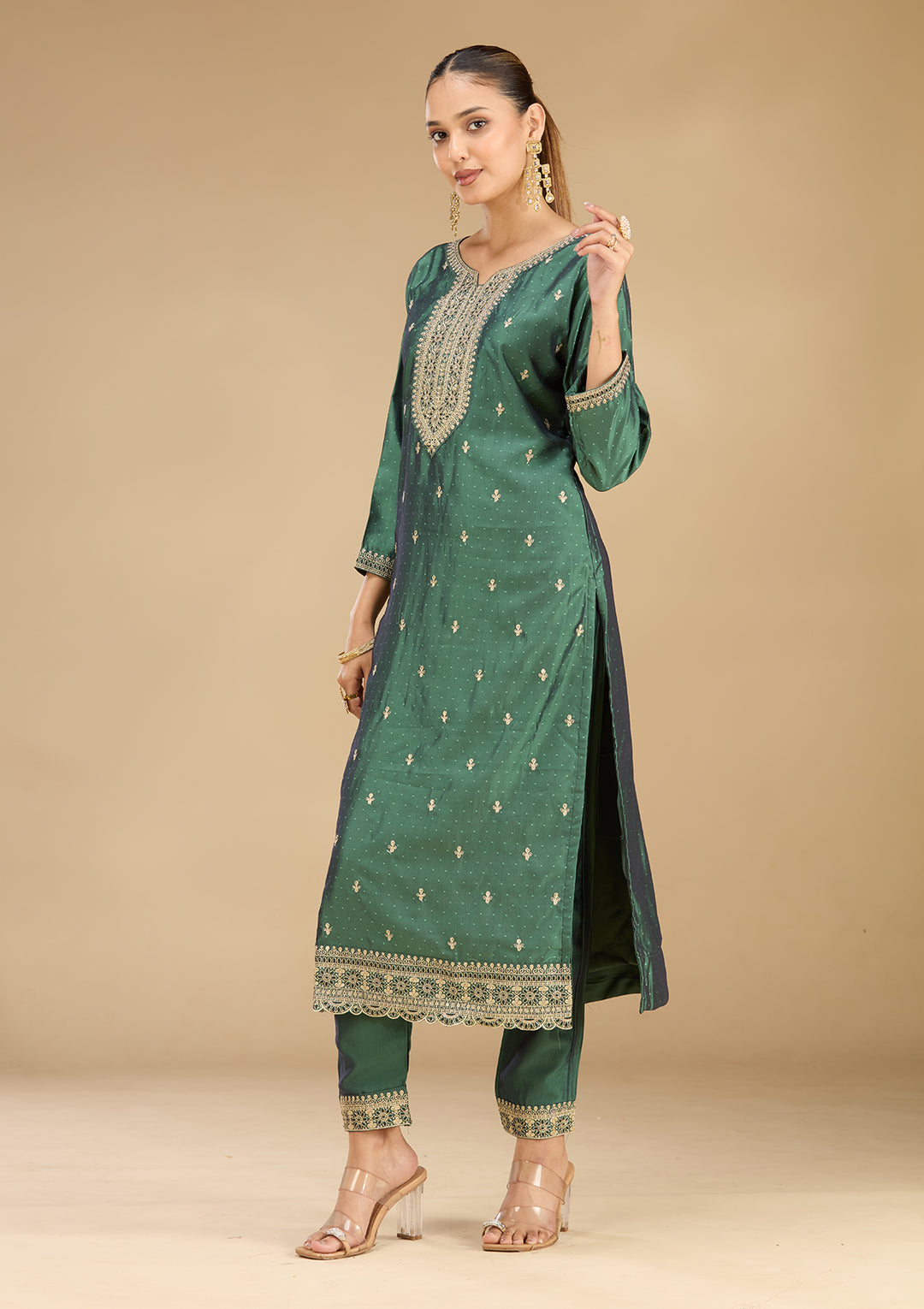 Leaf Green Soft Raw Silk Gold Zariwork Straight Kurta With Pant Regular And Dupatta