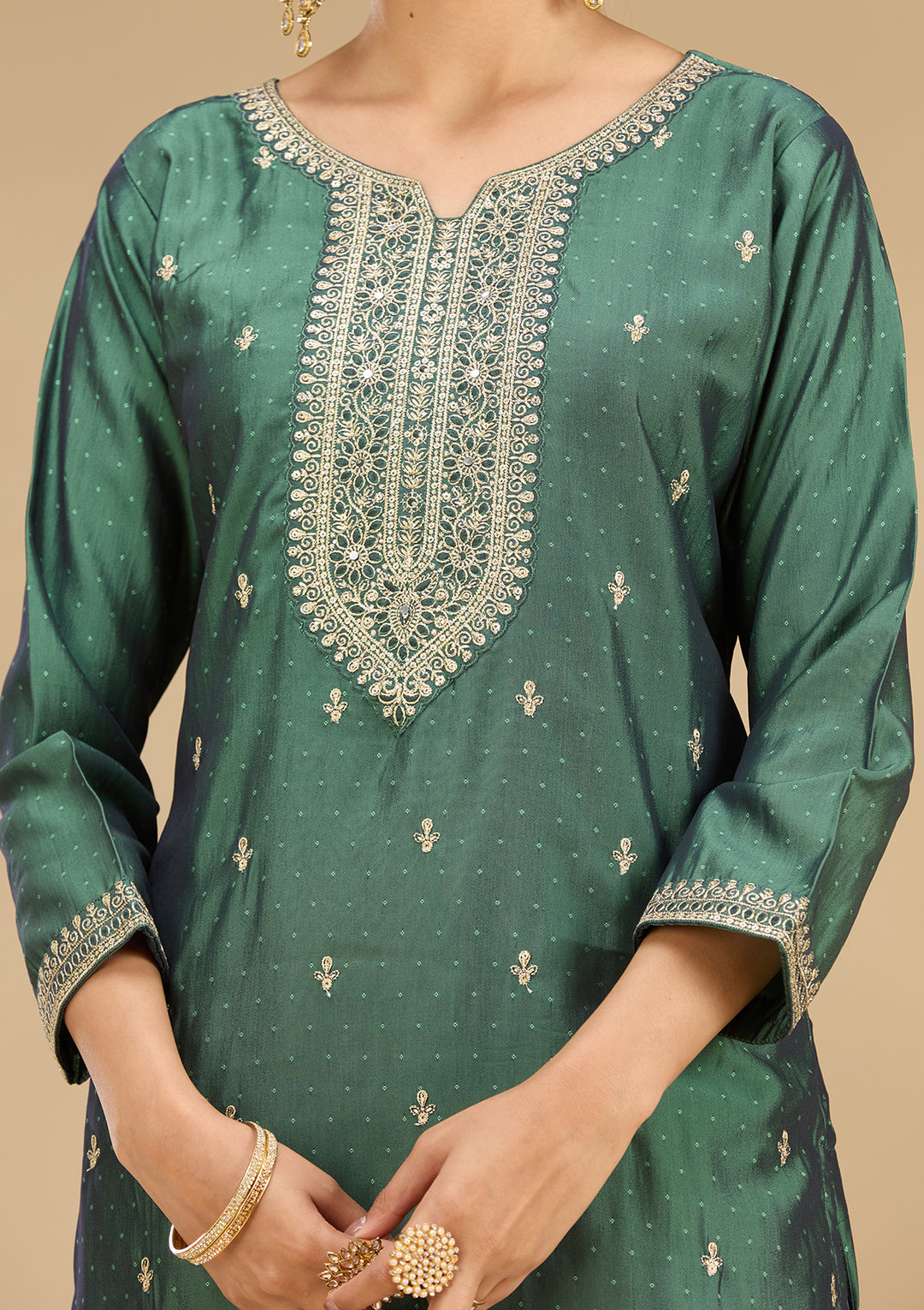 Leaf Green Soft Raw Silk Gold Zariwork Straight Kurta With Pant Regular And Dupatta