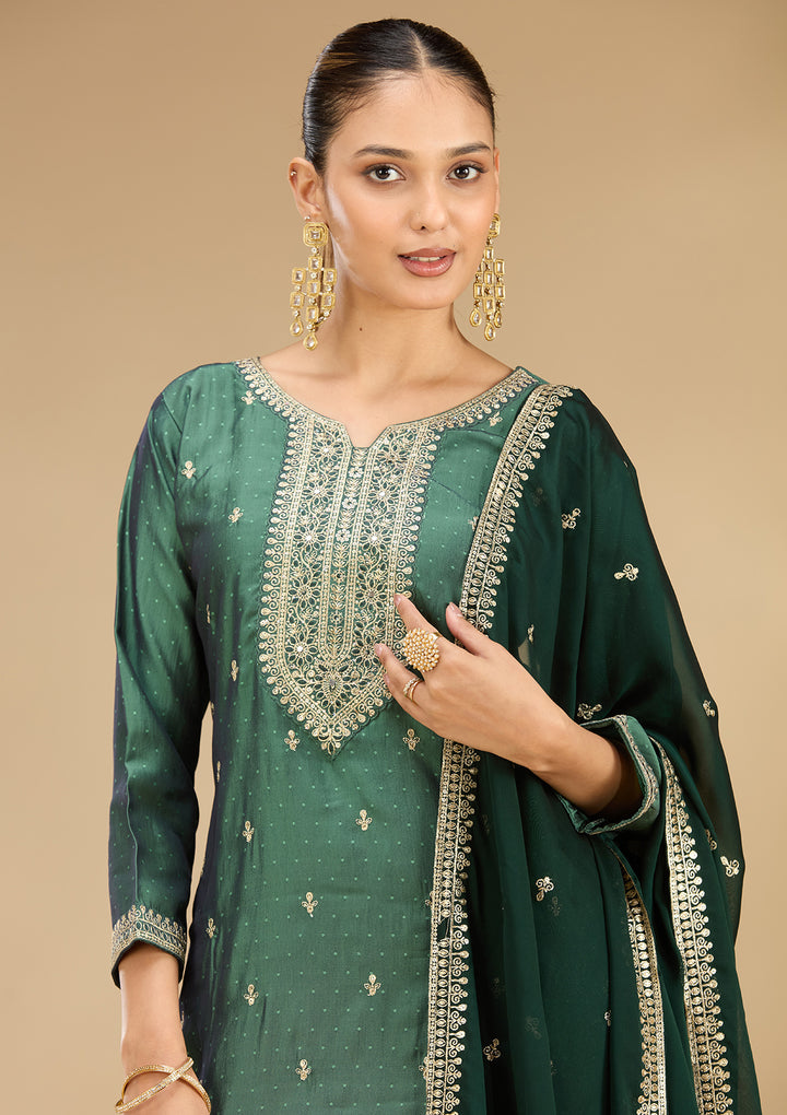 Leaf Green Soft Raw Silk Gold Zariwork Straight Kurta With Pant Regular And Dupatta