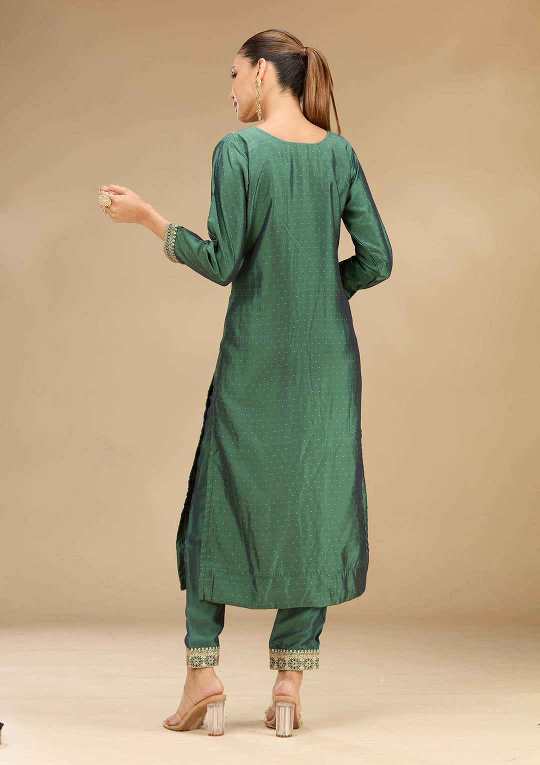 Leaf Green Soft Raw Silk Gold Zariwork Straight Kurta With Pant Regular And Dupatta