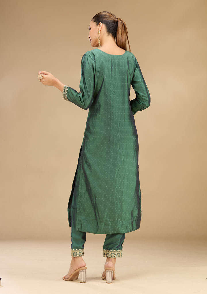Leaf Green Soft Raw Silk Gold Zariwork Straight Kurta With Pant Regular And Dupatta