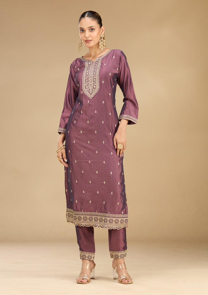 Purple Soft Raw Silk Gold Zariwork Straight Kurta With Pant Regular And Dupatta