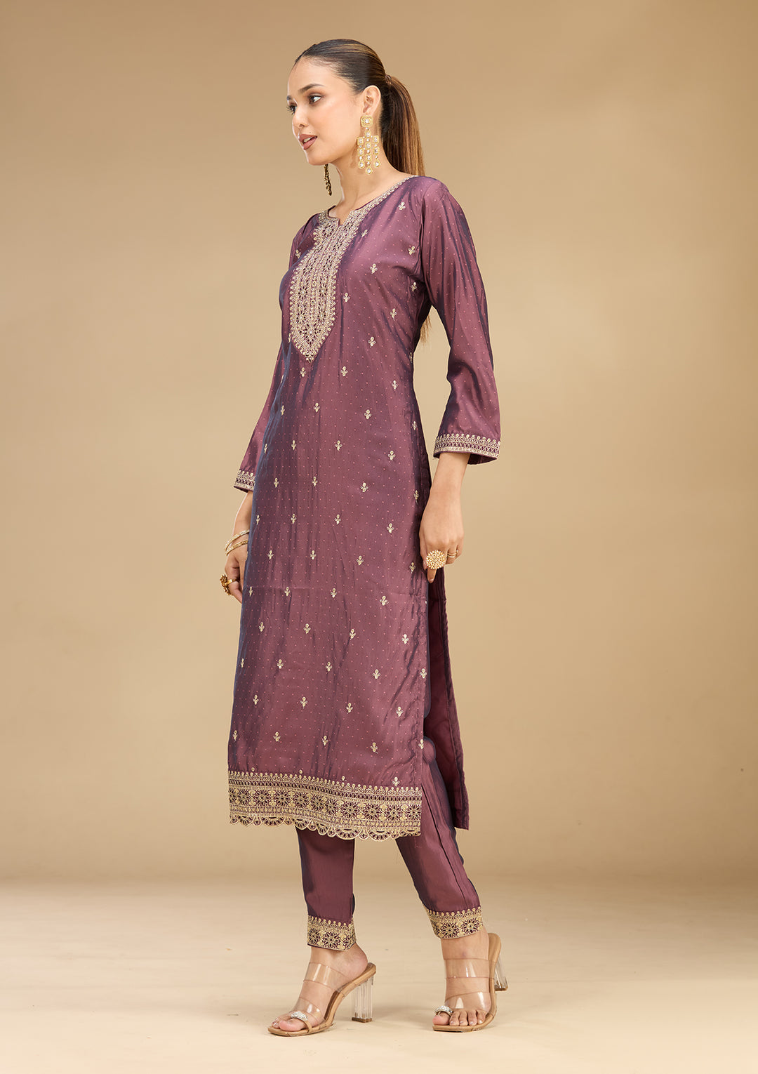 Purple Soft Raw Silk Gold Zariwork Straight Kurta With Pant Regular And Dupatta