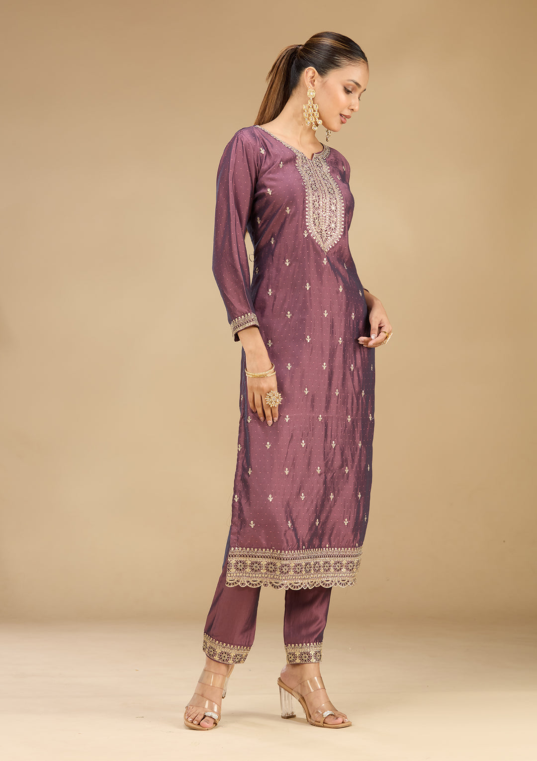 Purple Soft Raw Silk Gold Zariwork Straight Kurta With Pant Regular And Dupatta