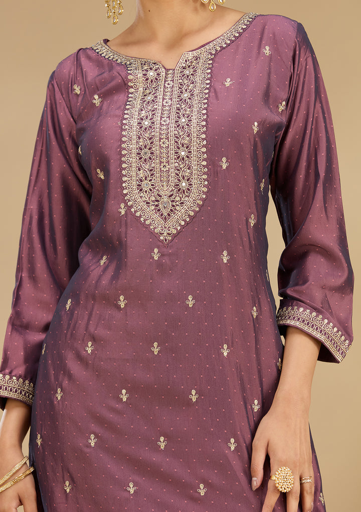Purple Soft Raw Silk Gold Zariwork Straight Kurta With Pant Regular And Dupatta