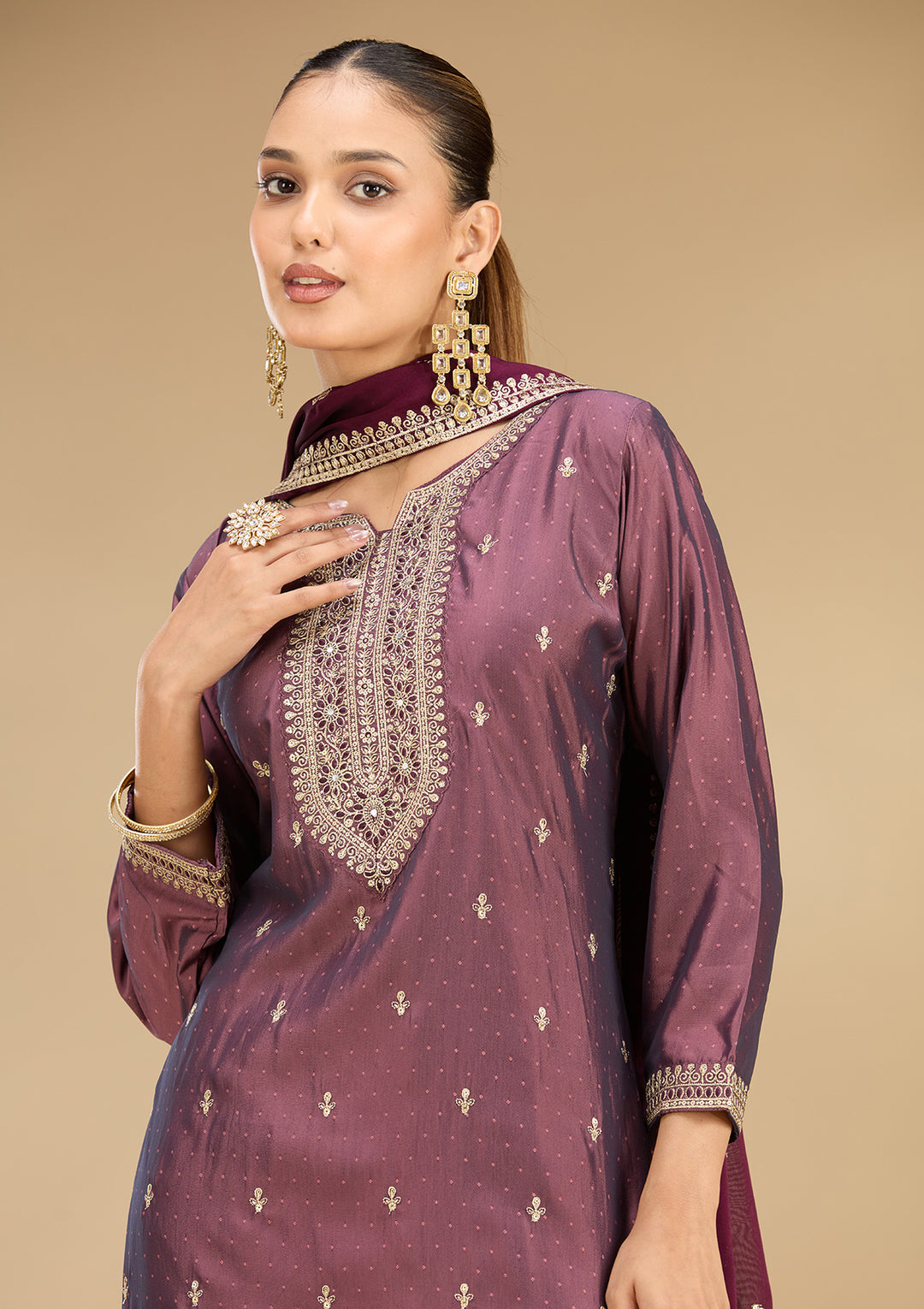 Purple Soft Raw Silk Gold Zariwork Straight Kurta With Pant Regular And Dupatta