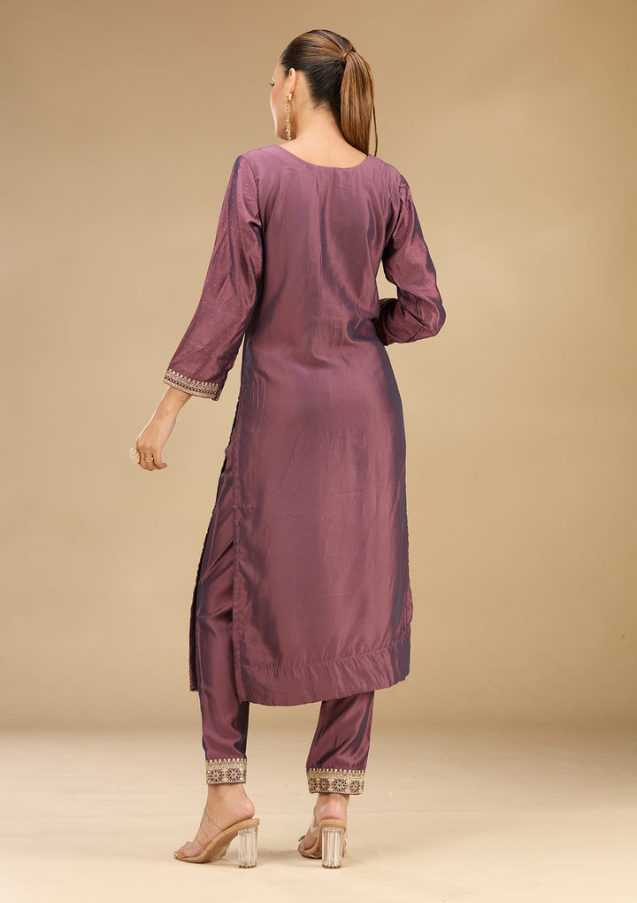 Purple Soft Raw Silk Gold Zariwork Straight Kurta With Pant Regular And Dupatta