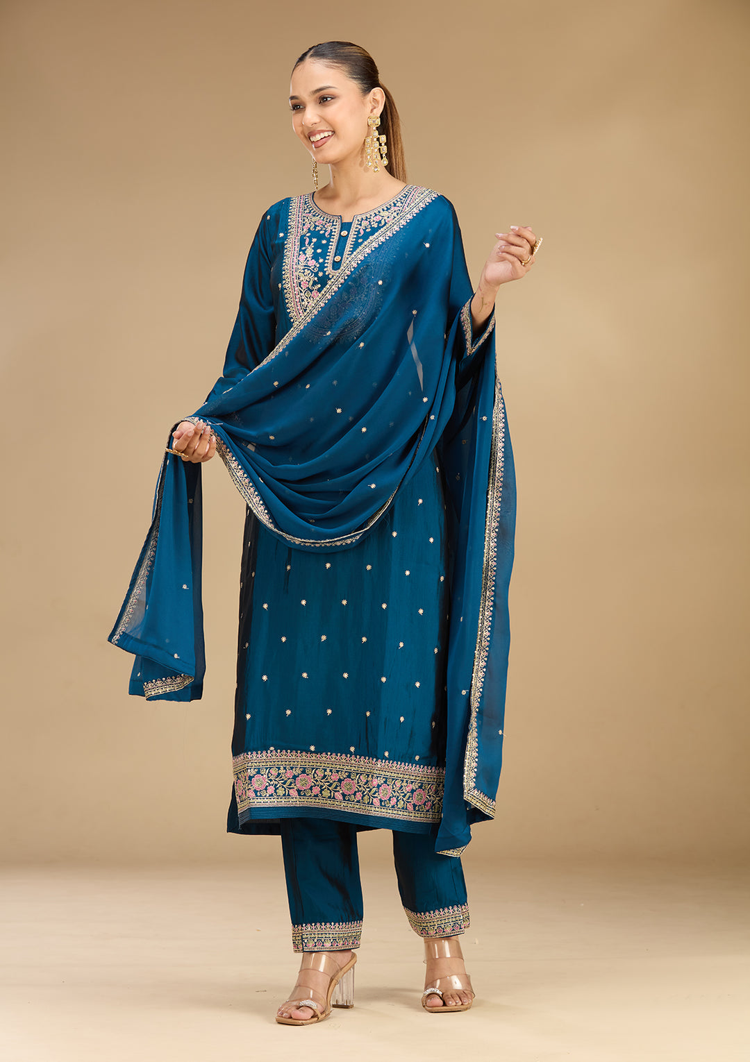 Peacock Blue Soft Raw Silk Threadwork Straight Kurta With Regular Pant And Dupatta