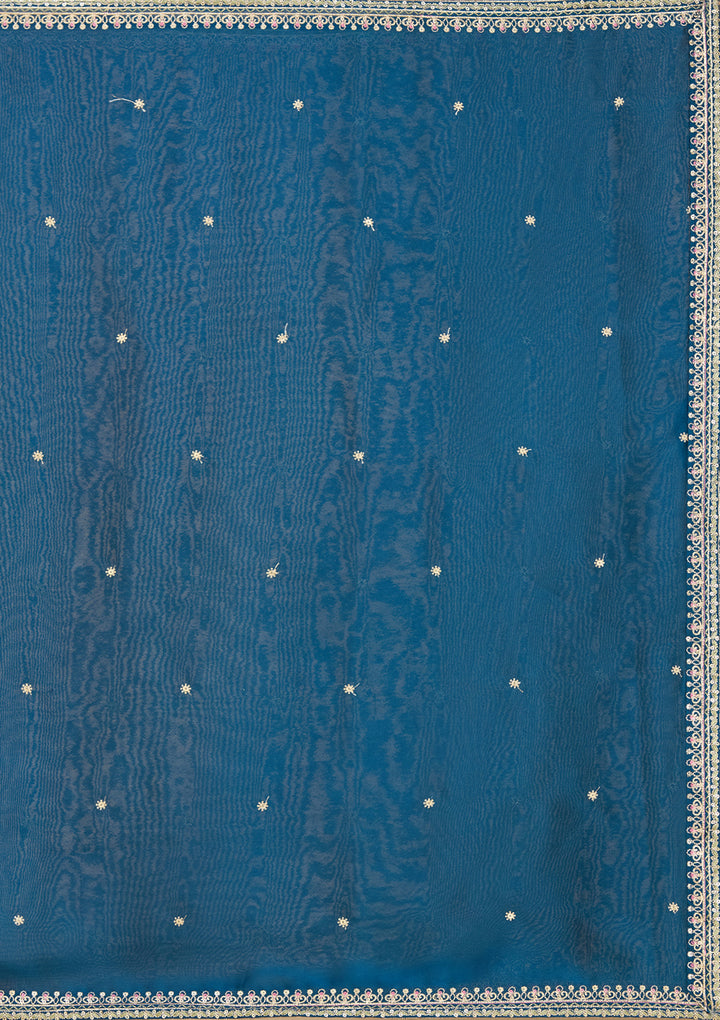 Peacock Blue Soft Raw Silk Threadwork Straight Kurta With Regular Pant And Dupatta