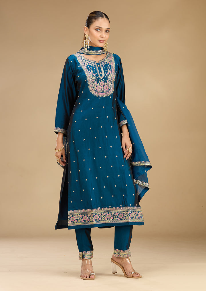 Peacock Blue Soft Raw Silk Threadwork Straight Kurta With Regular Pant And Dupatta