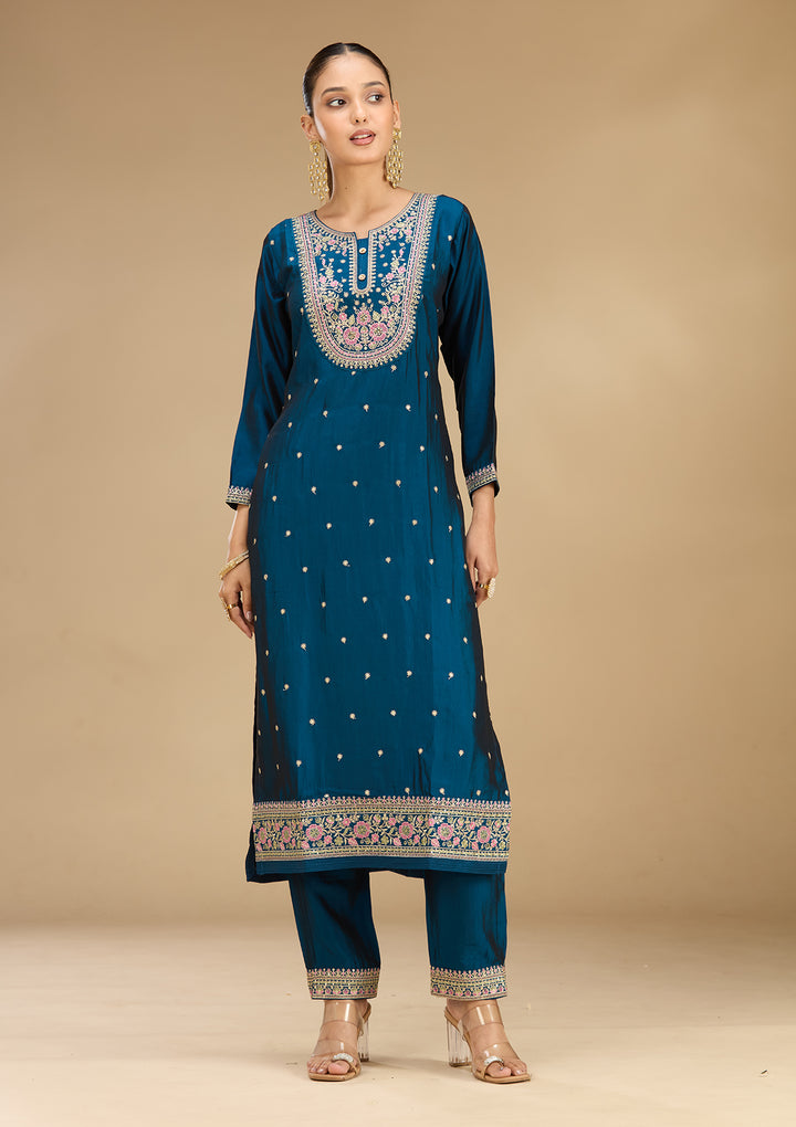 Peacock Blue Soft Raw Silk Threadwork Straight Kurta With Regular Pant And Dupatta