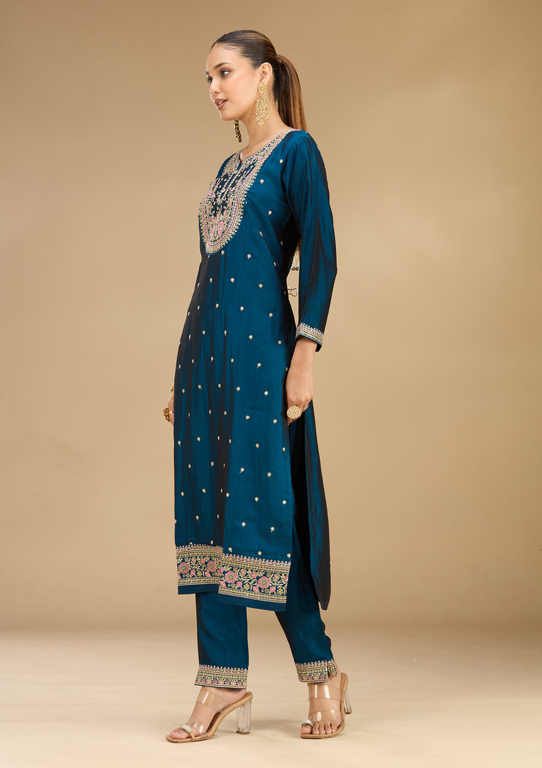 Peacock Blue Soft Raw Silk Threadwork Straight Kurta With Regular Pant And Dupatta
