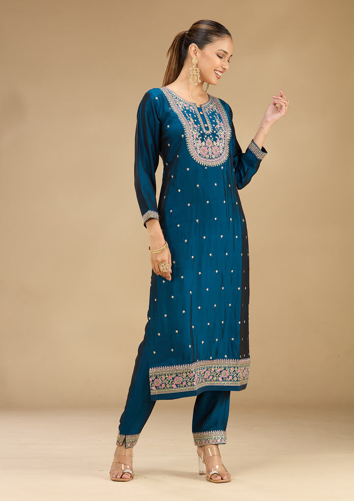 Peacock Blue Soft Raw Silk Threadwork Straight Kurta With Regular Pant And Dupatta