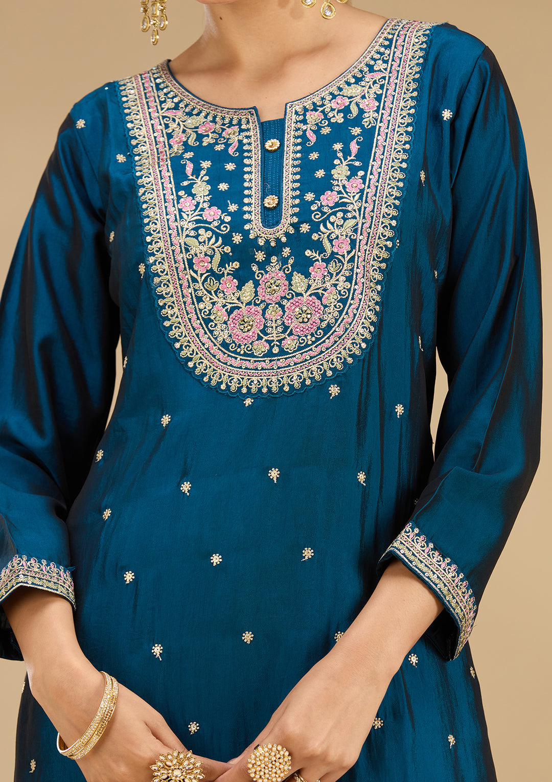 Peacock Blue Soft Raw Silk Threadwork Straight Kurta With Regular Pant And Dupatta