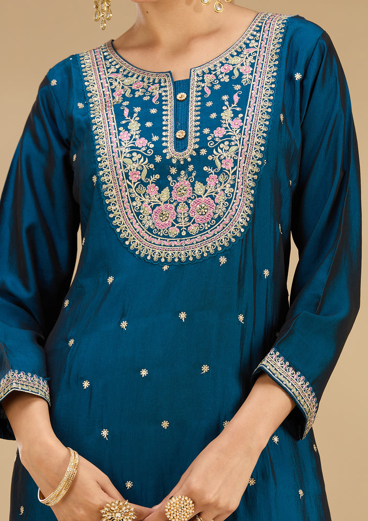 Peacock Blue Soft Raw Silk Threadwork Straight Kurta With Regular Pant And Dupatta