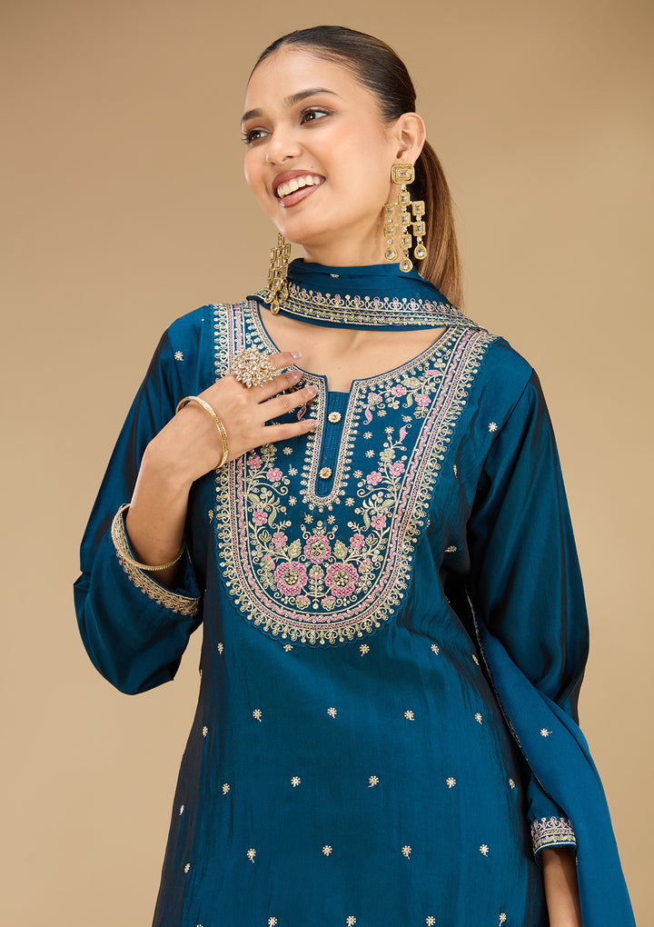 Peacock Blue Soft Raw Silk Threadwork Straight Kurta With Regular Pant And Dupatta