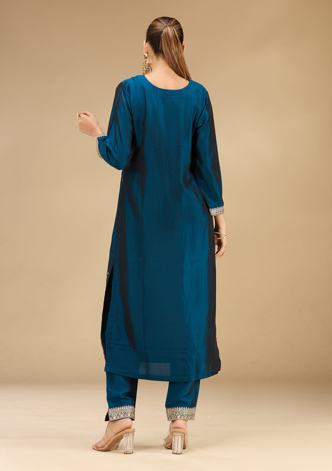 Peacock Blue Soft Raw Silk Threadwork Straight Kurta With Regular Pant And Dupatta