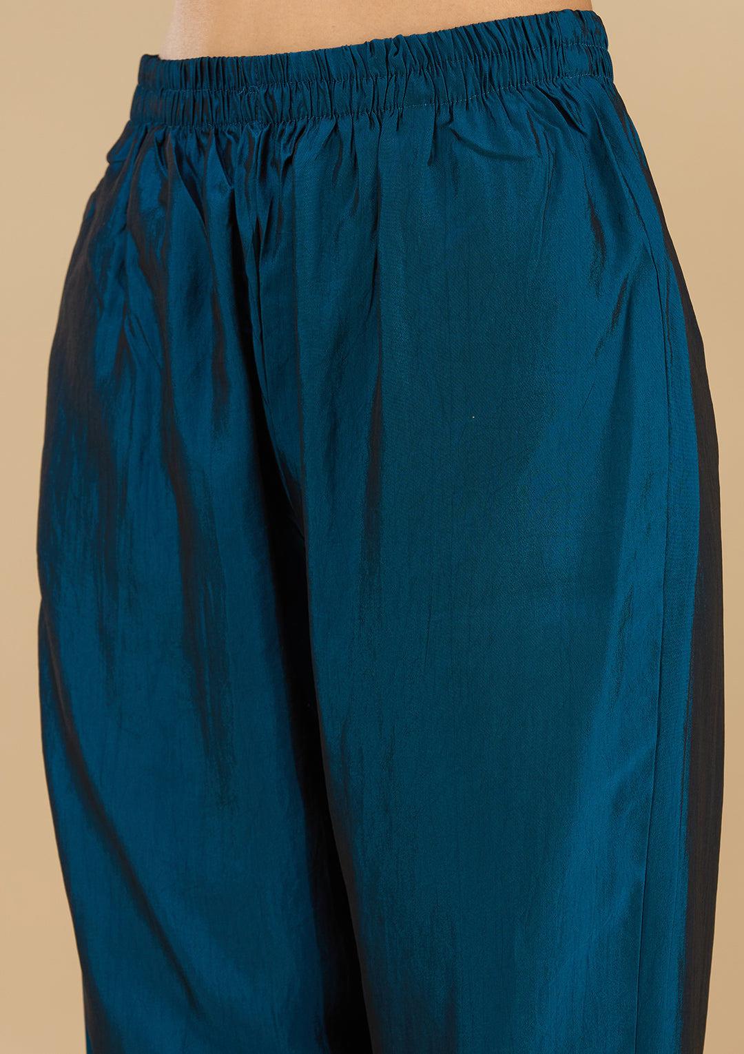 Peacock Blue Soft Raw Silk Threadwork Straight Kurta With Regular Pant And Dupatta