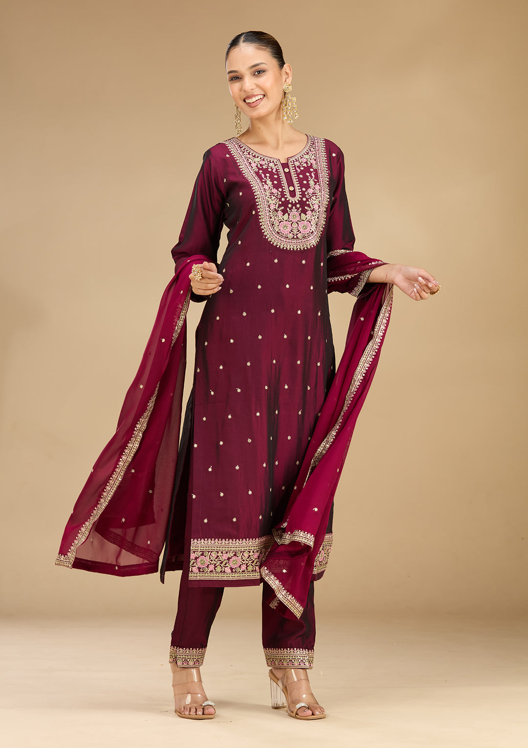 Wine Soft Raw Silk Threadwork Straight Kurta With Pant Regular And Dupatta