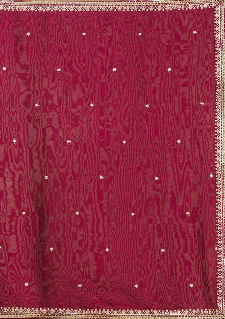 Wine Soft Raw Silk Threadwork Straight Kurta With Pant Regular And Dupatta