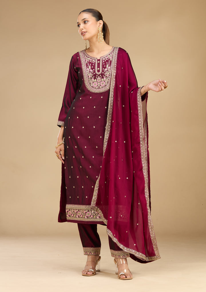 Wine Soft Raw Silk Threadwork Straight Kurta With Pant Regular And Dupatta