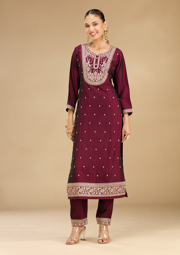 Wine Soft Raw Silk Threadwork Straight Kurta With Pant Regular And Dupatta