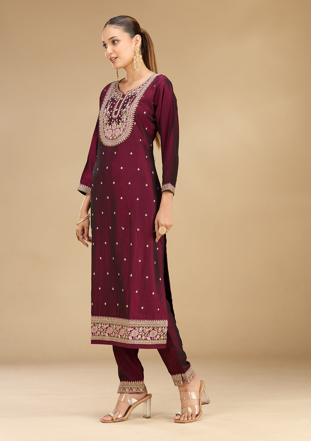 Wine Soft Raw Silk Threadwork Straight Kurta With Pant Regular And Dupatta