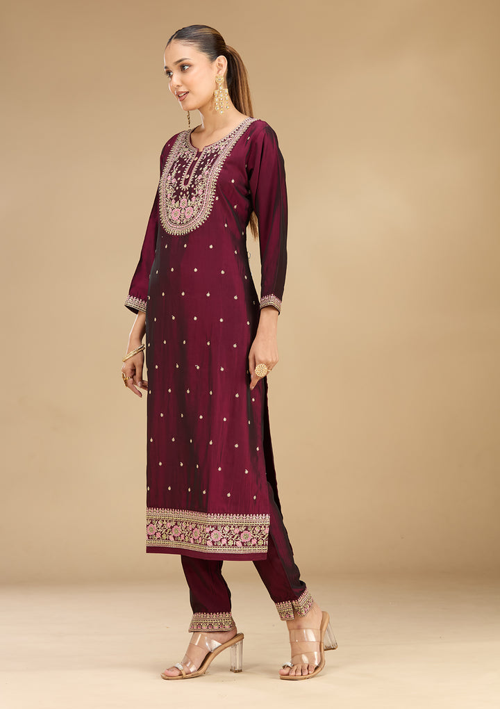 Wine Soft Raw Silk Threadwork Straight Kurta With Pant Regular And Dupatta