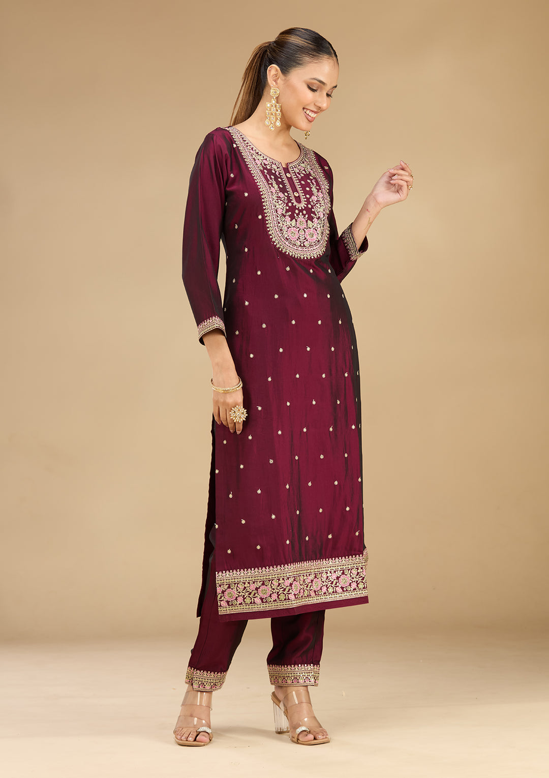 Wine Soft Raw Silk Threadwork Straight Kurta With Pant Regular And Dupatta
