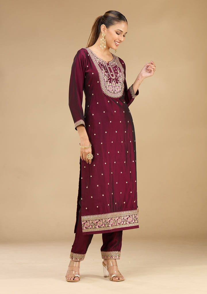 Wine Soft Raw Silk Threadwork Straight Kurta With Pant Regular And Dupatta