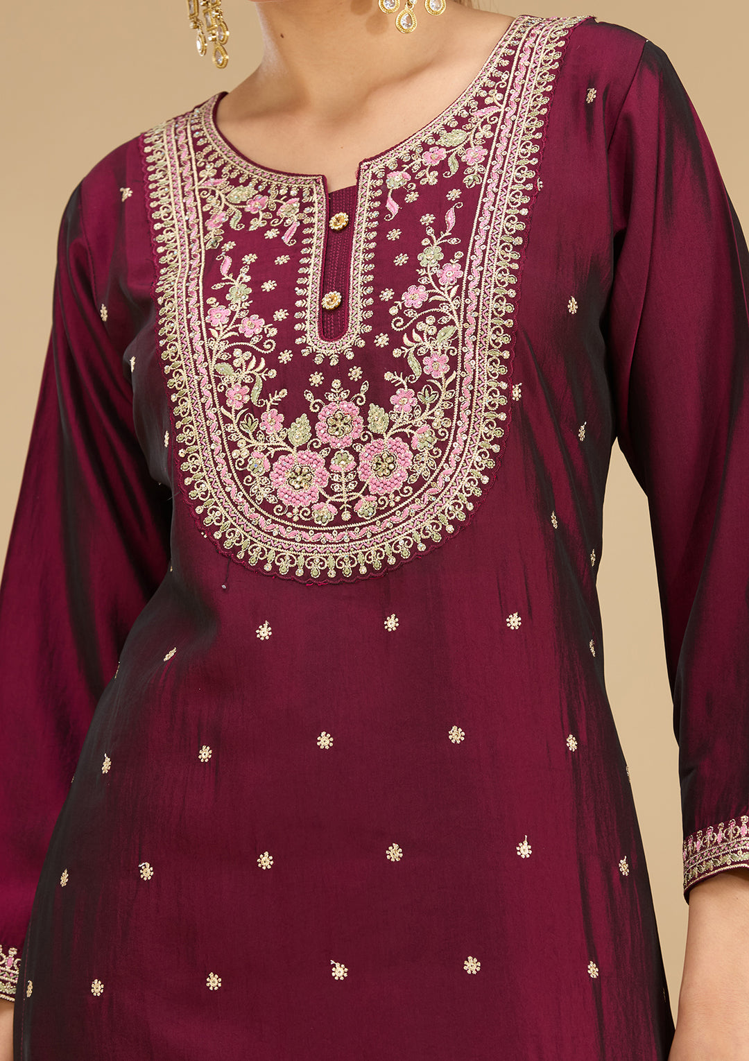 Wine Soft Raw Silk Threadwork Straight Kurta With Pant Regular And Dupatta