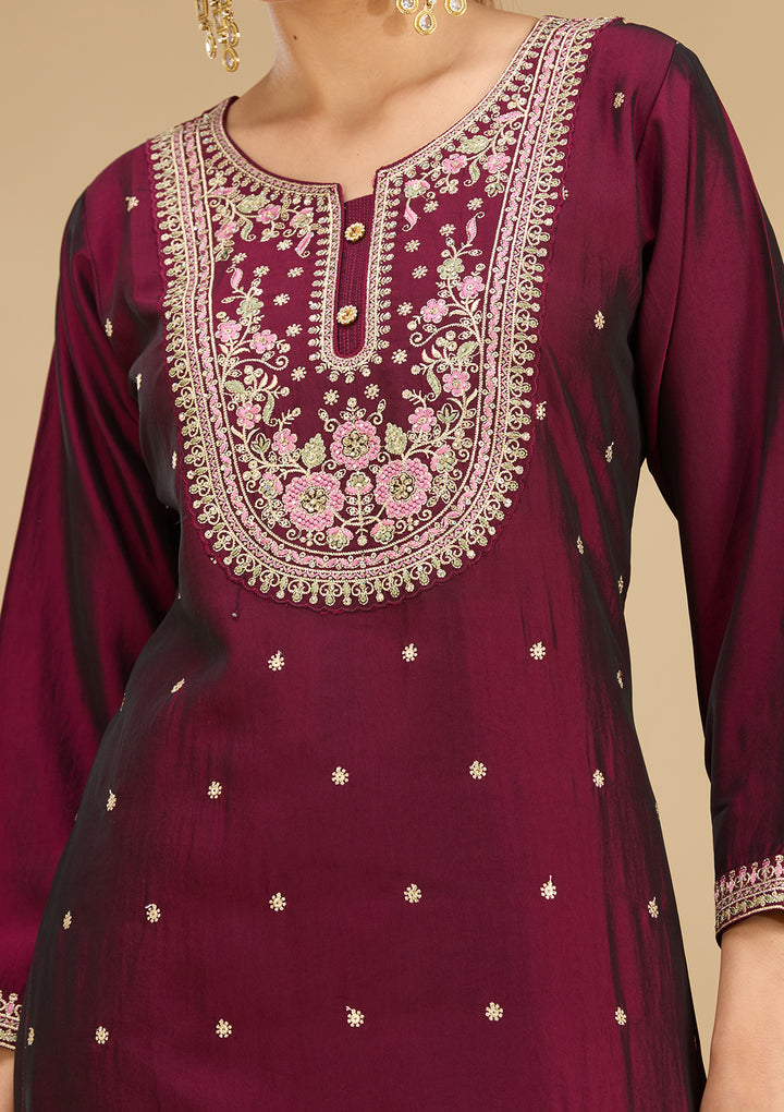Wine Soft Raw Silk Threadwork Straight Kurta With Pant Regular And Dupatta