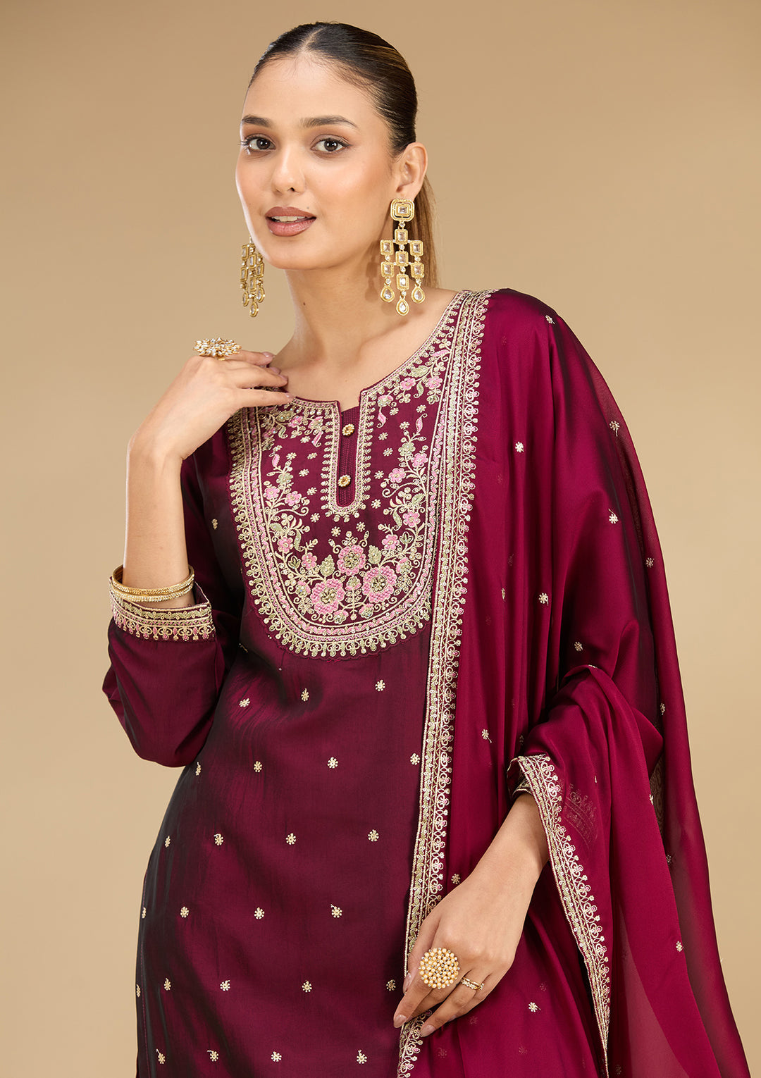 Wine Soft Raw Silk Threadwork Straight Kurta With Pant Regular And Dupatta