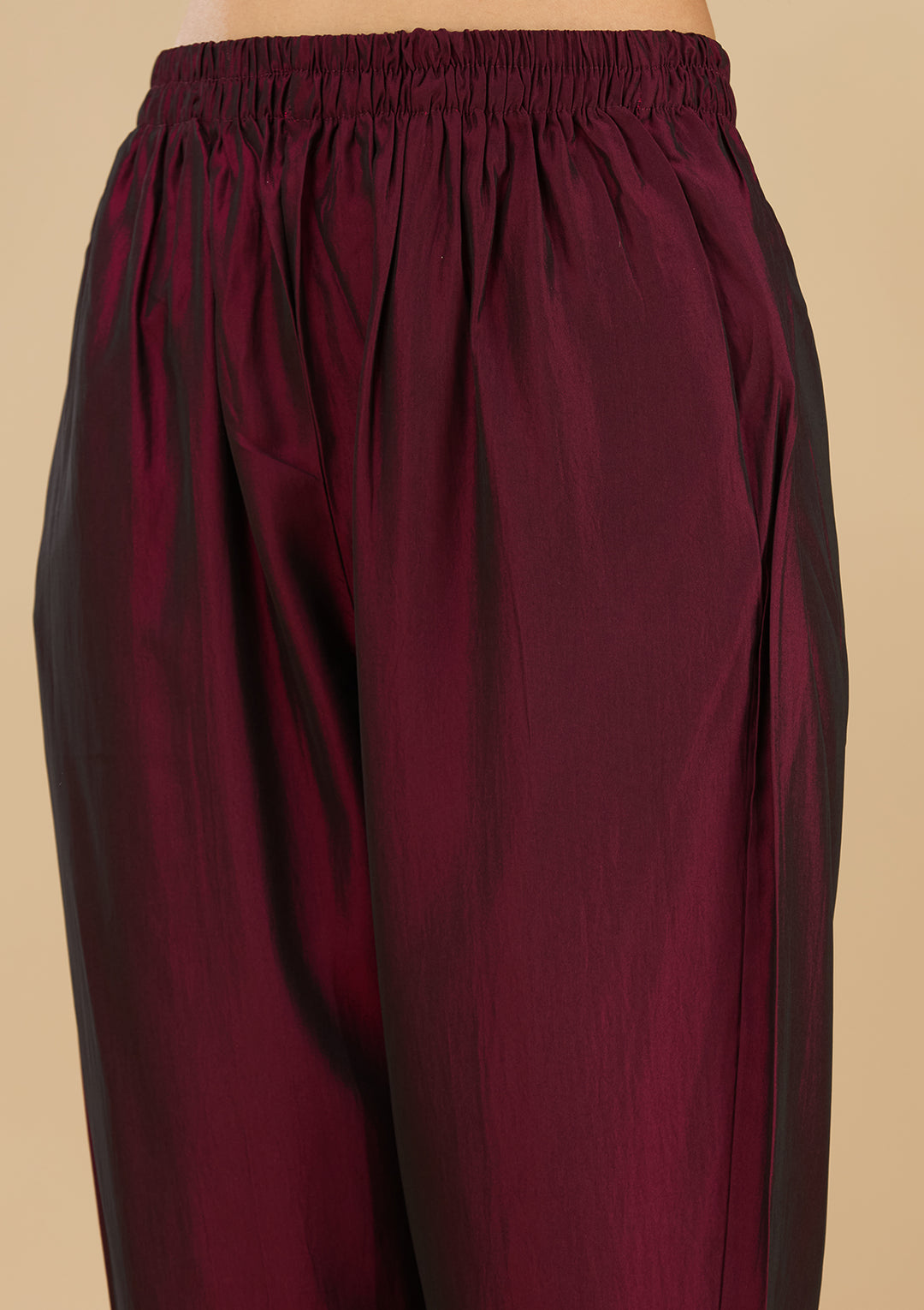 Wine Soft Raw Silk Threadwork Straight Kurta With Pant Regular And Dupatta