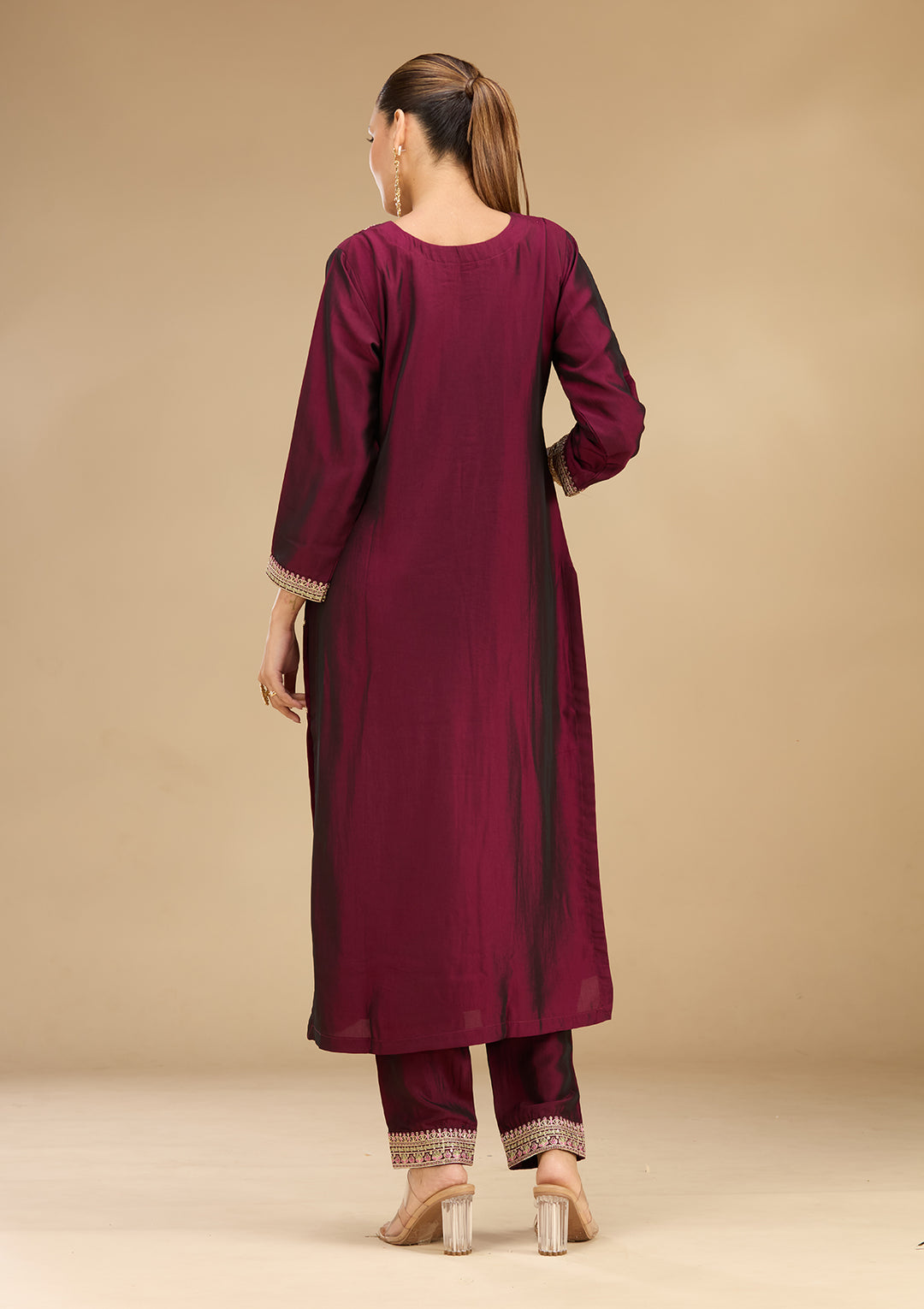 Wine Soft Raw Silk Threadwork Straight Kurta With Pant Regular And Dupatta