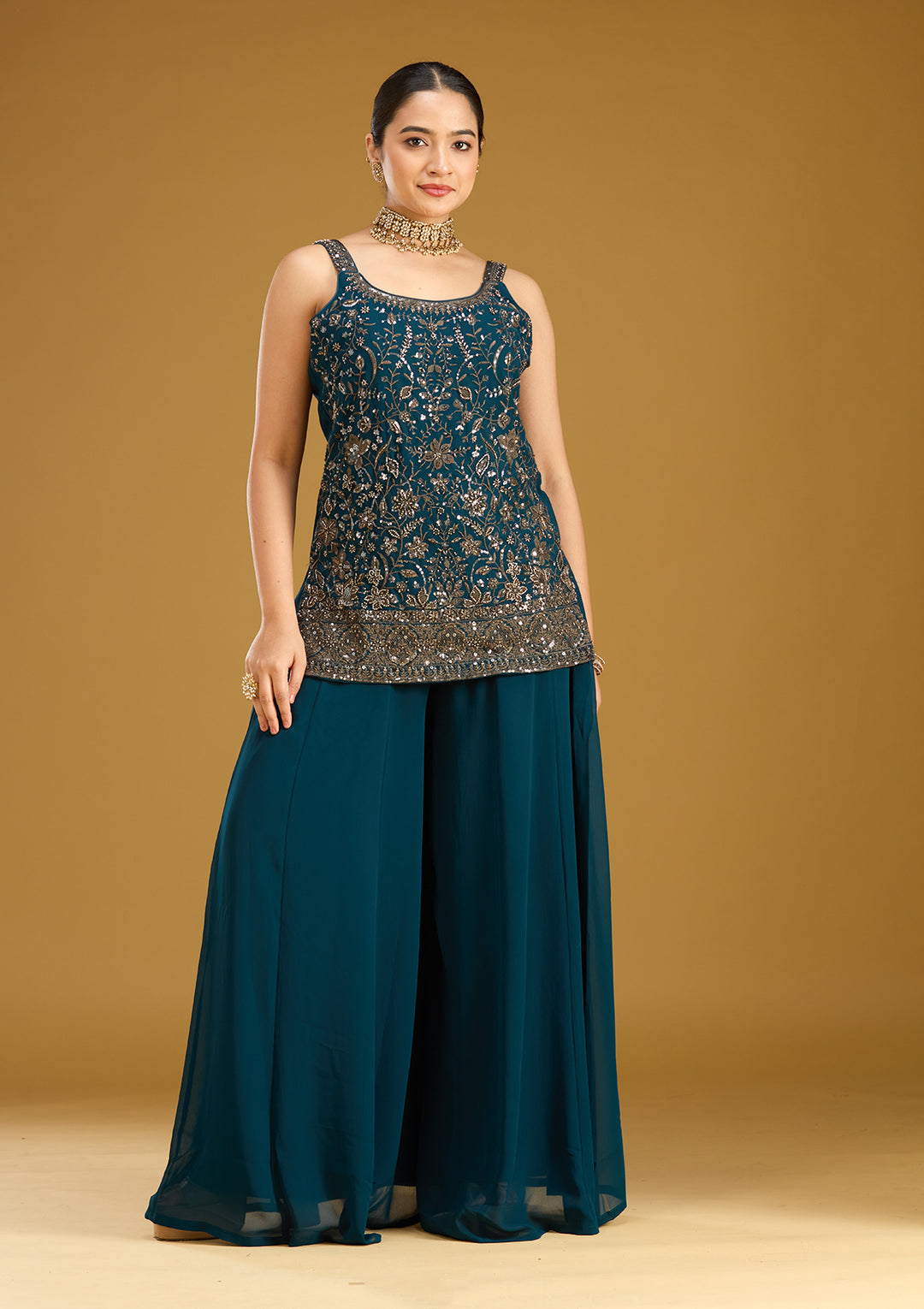 Peacock Blue Cutdana Georgette Readymade Salwar Suit